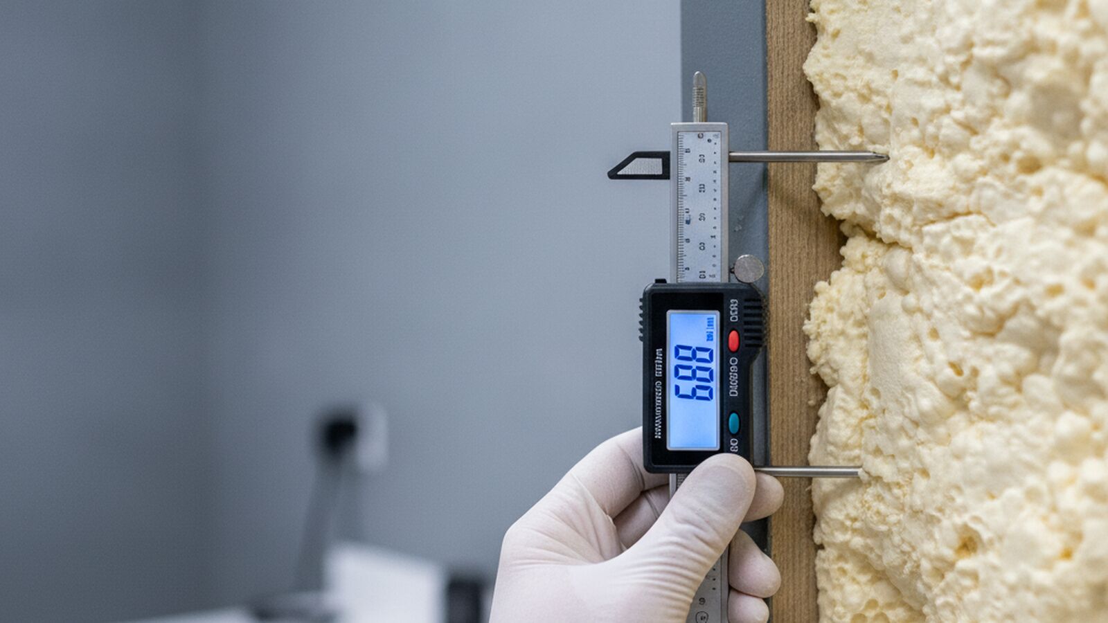 Precision thickness gauge measuring cured spray foam